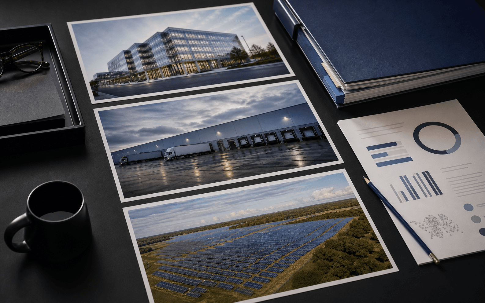 Editorial desk with project records and photographs of commercial, logistics, and renewable infrastructure