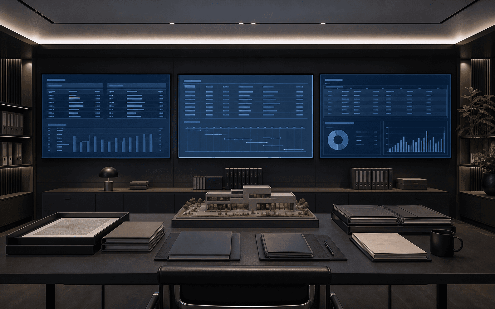 Asset operations room with case queues, status views, reports, folders, and a property model