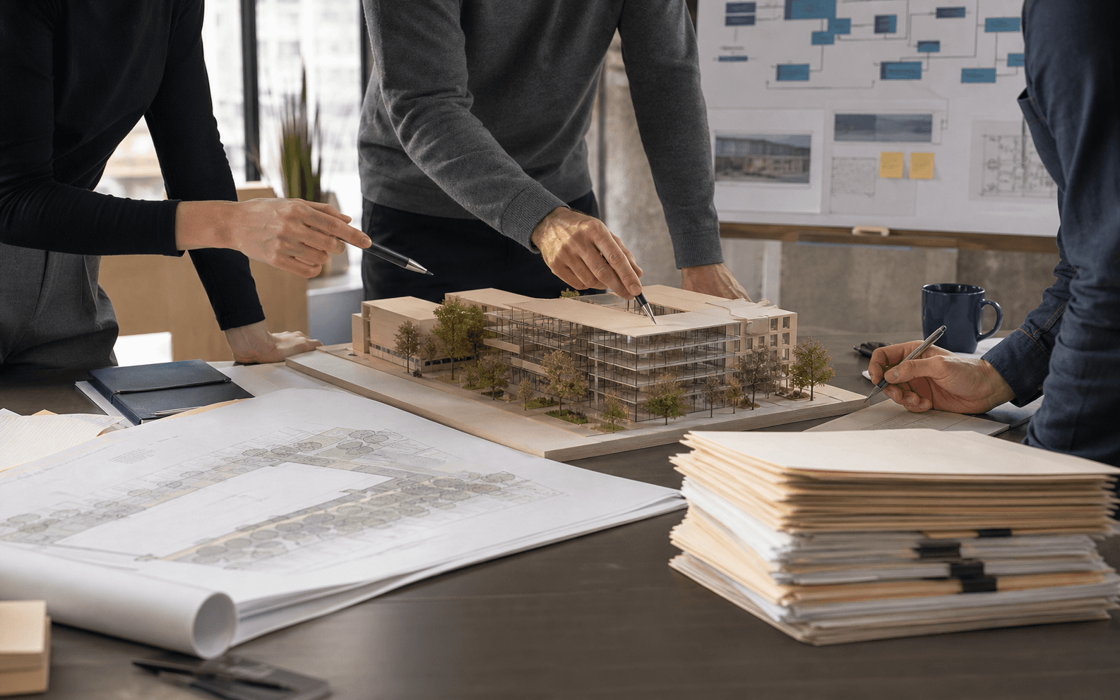 Project team reviewing a commercial building model, site plans, and record folders