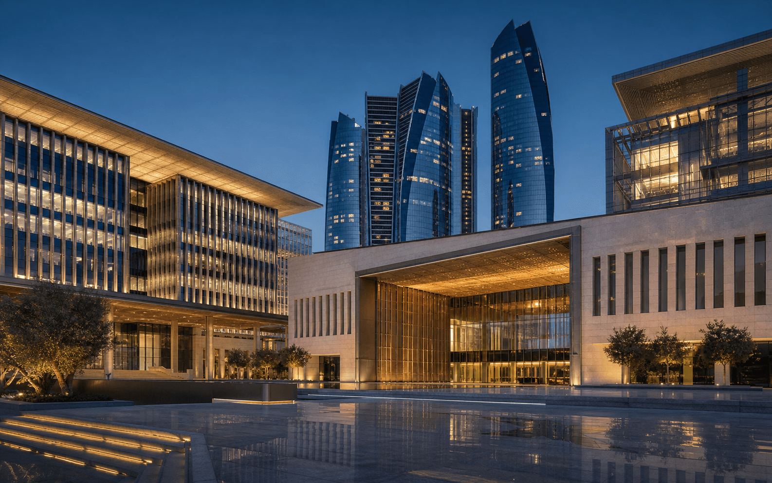 Contemporary business district architecture at blue hour