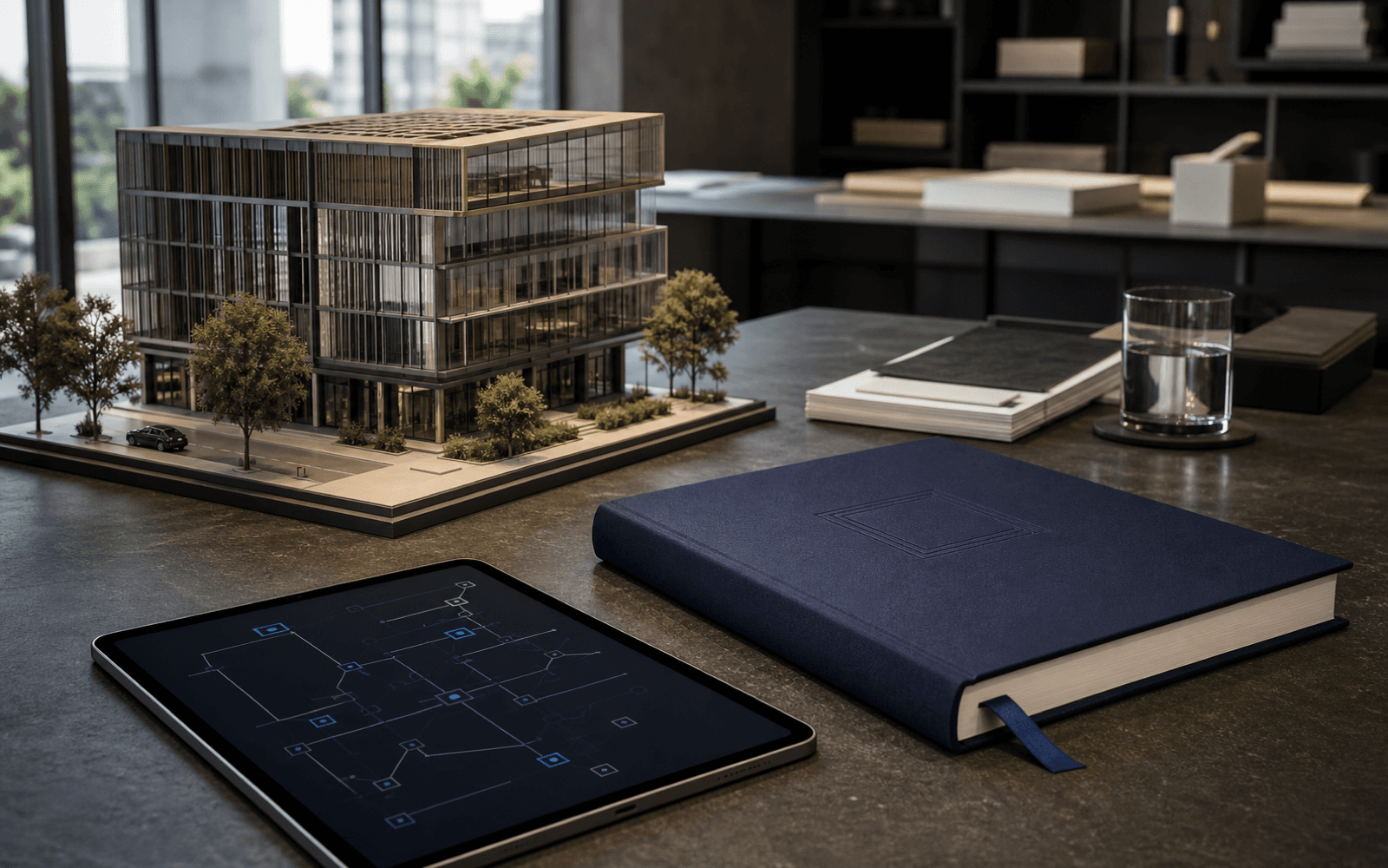 Building model, asset record, and registry tablet on an operations desk