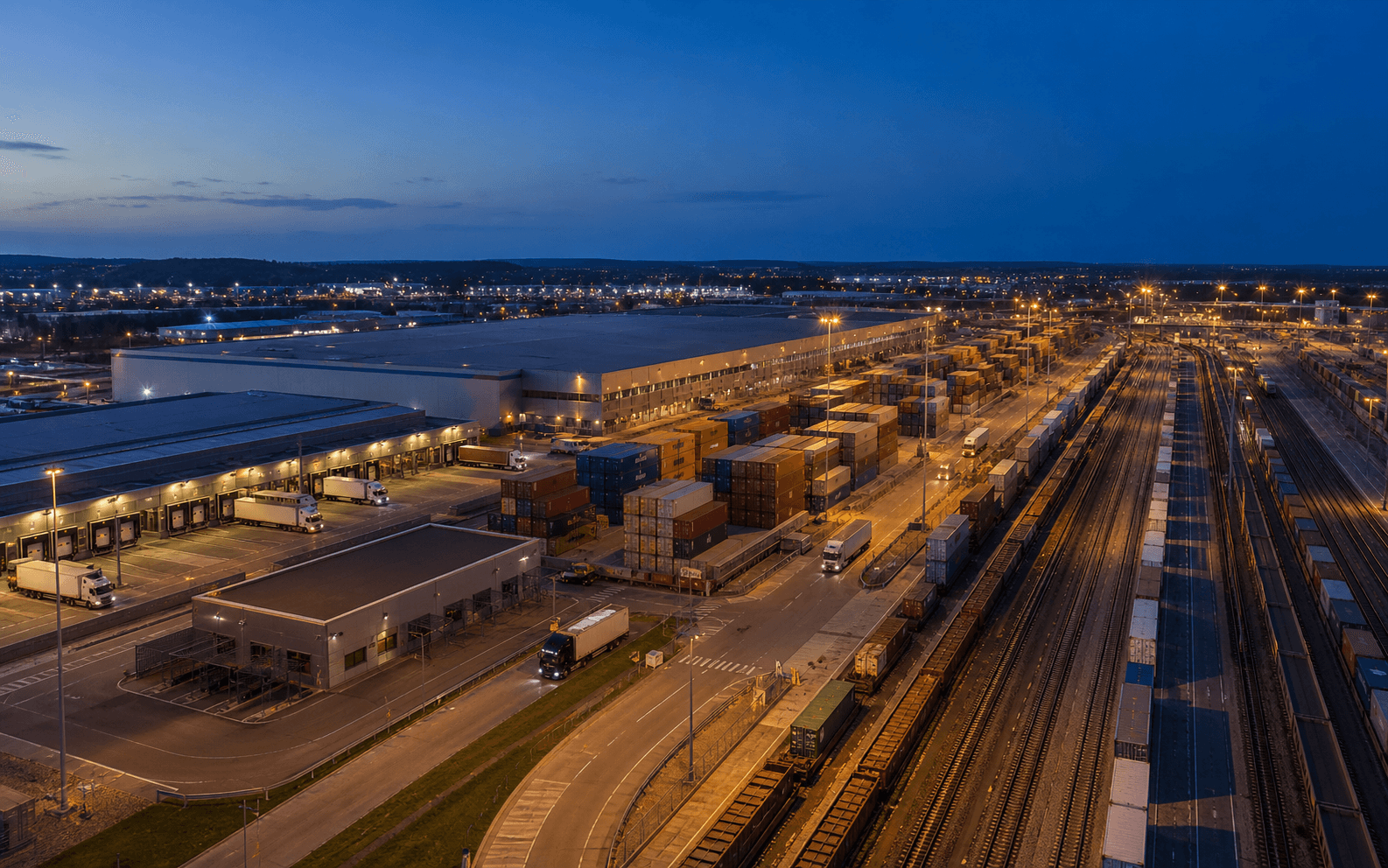 Intermodal logistics hub with warehouses, rail lines, and freight containers