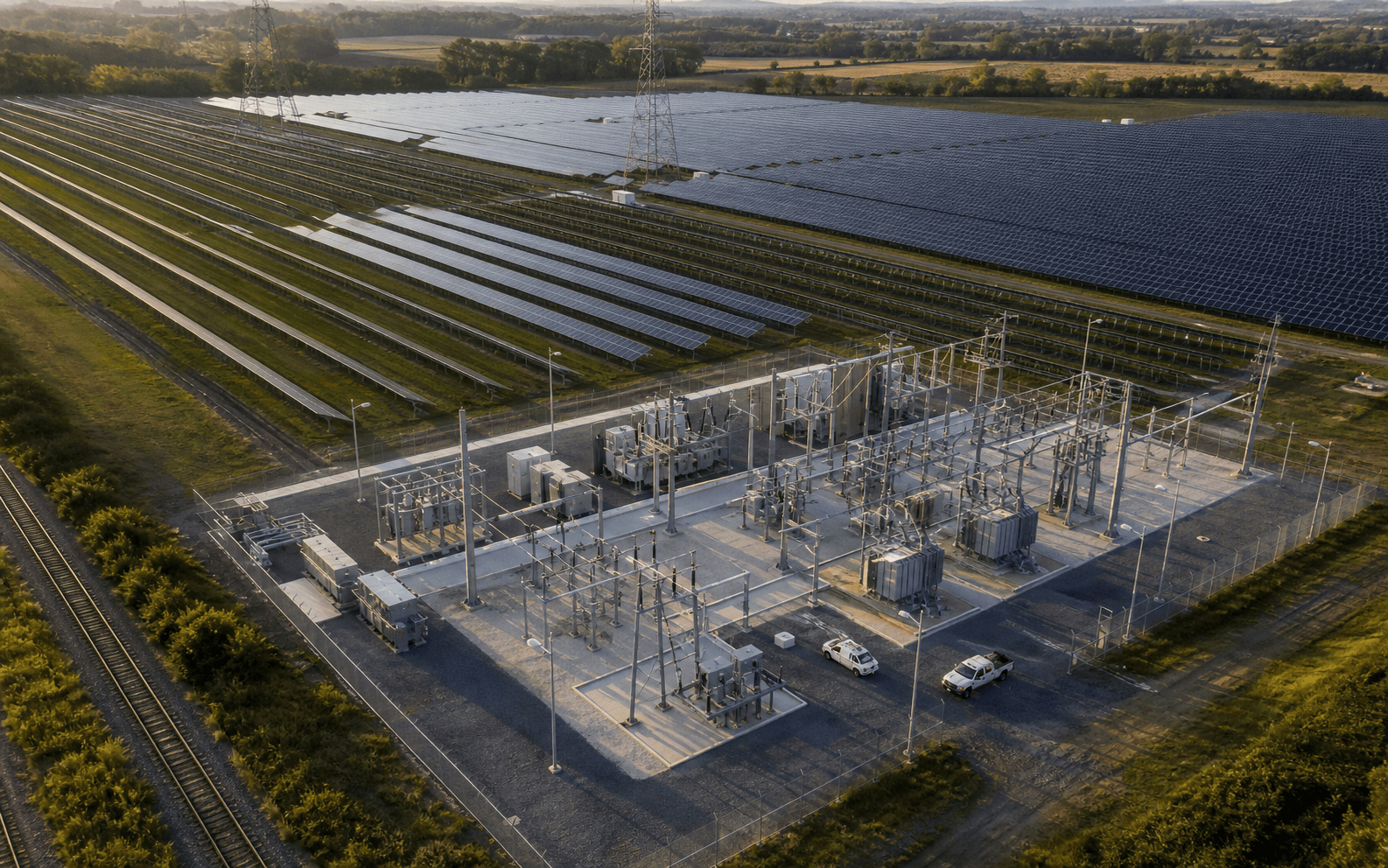 Solar farm and electrical substation viewed from above