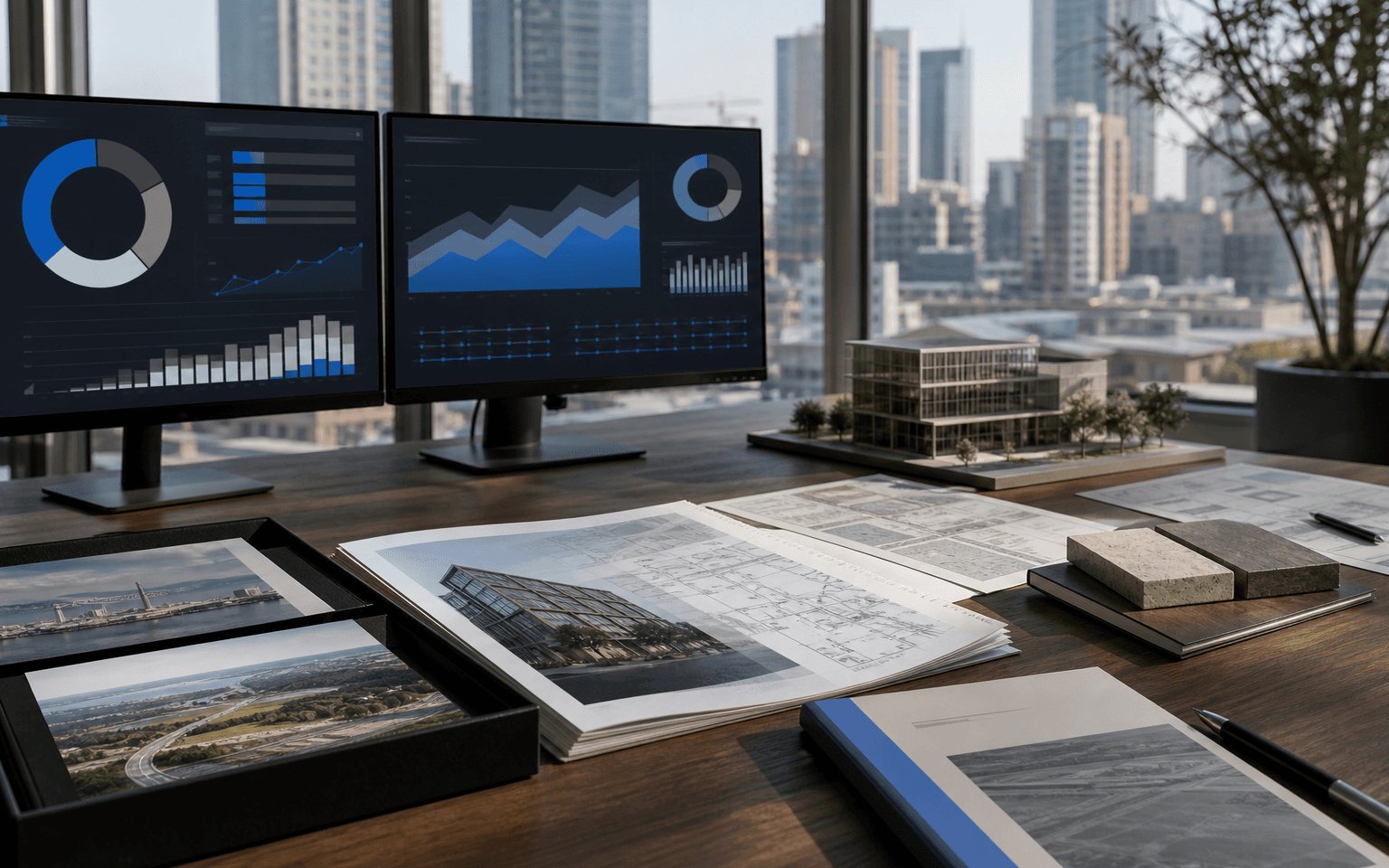 Portfolio workspace with property plans, building model, and allocation charts