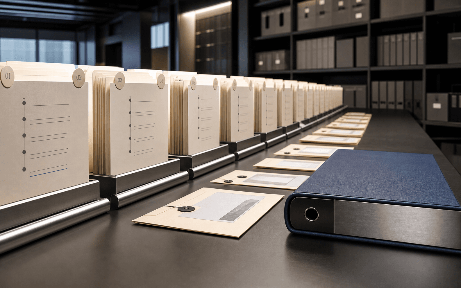 Chronological archival records arranged beside evidence envelopes and an export binder