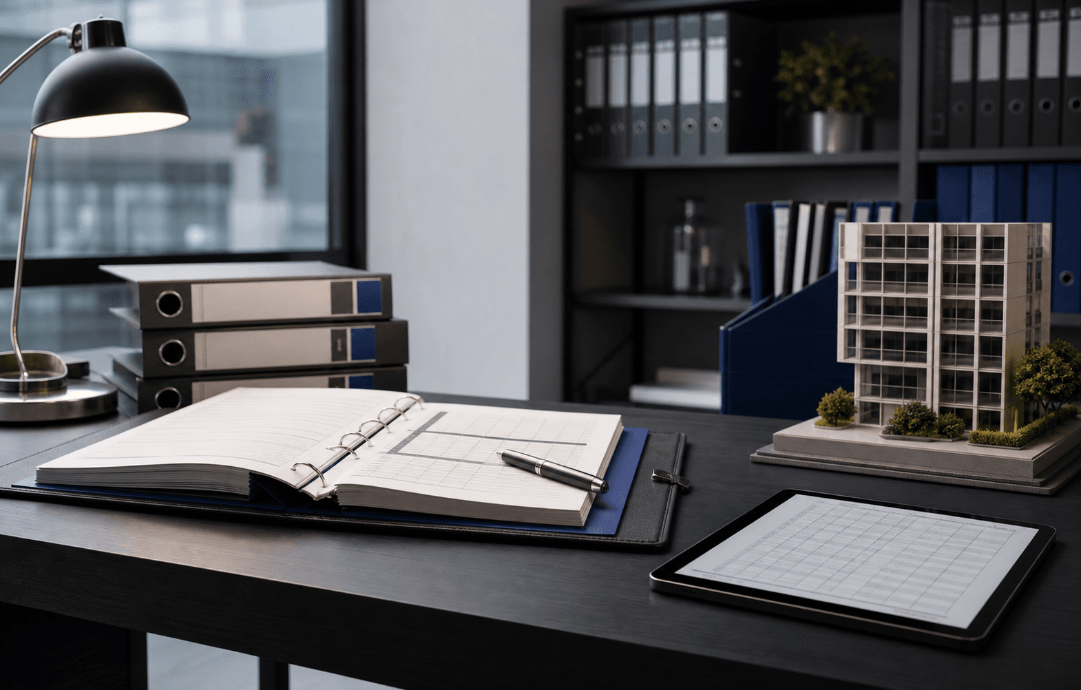Open corporate register, secure tablet, entity folders, and a commercial property model
