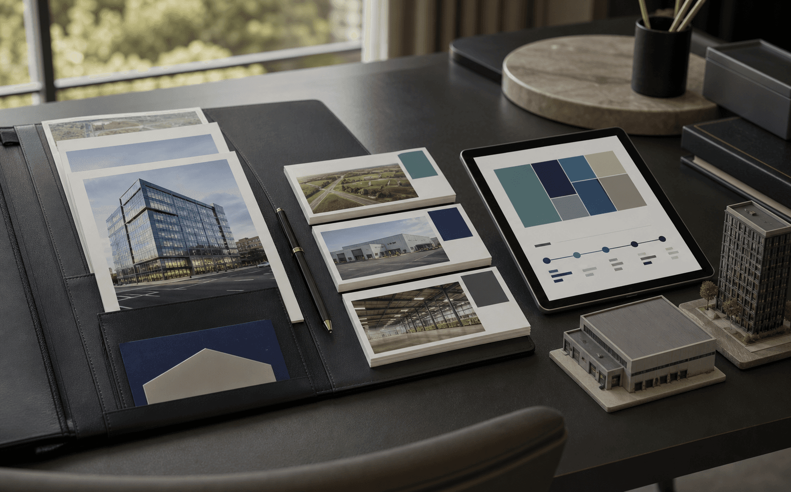 Property portfolio folio, asset record cards, allocation display, and building models