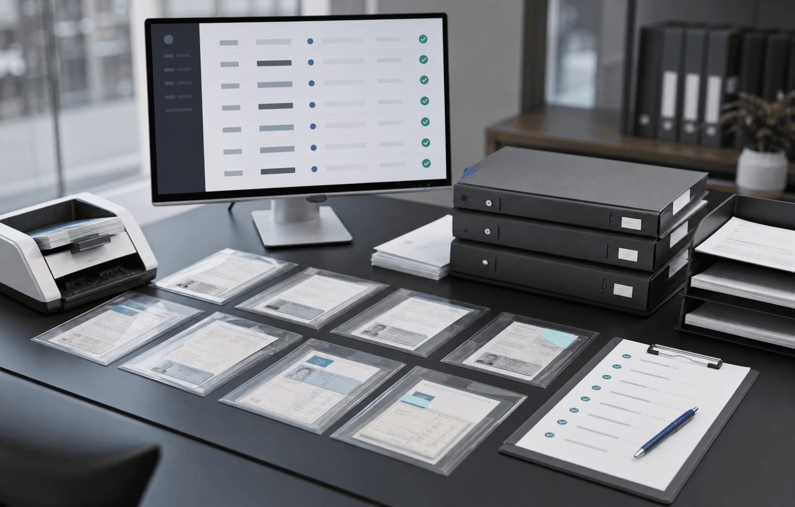Organized review desk with documents, folders, and status controls