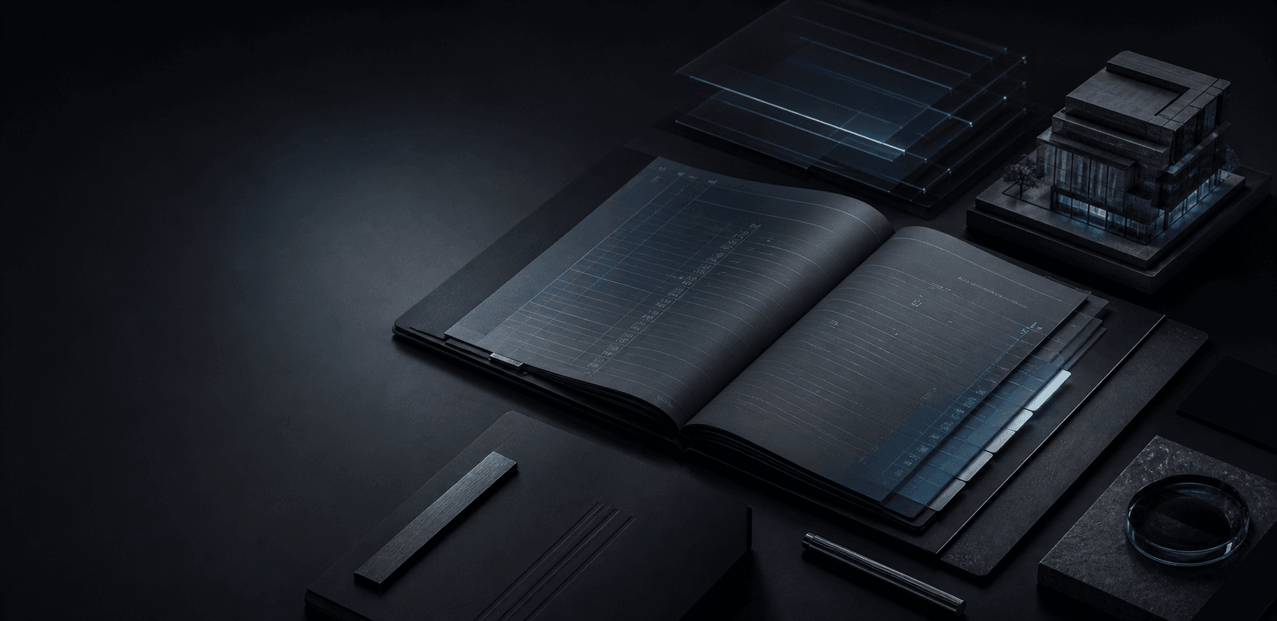 A dark architectural ledger with layered records and an asset model